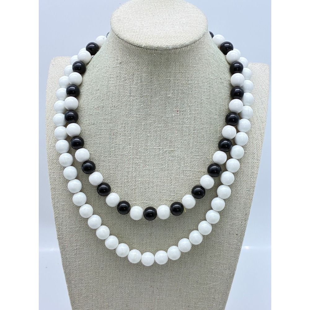 Vintage Black and White Beaded Necklace Lot of 2 Monochromatic Layering Jewelry